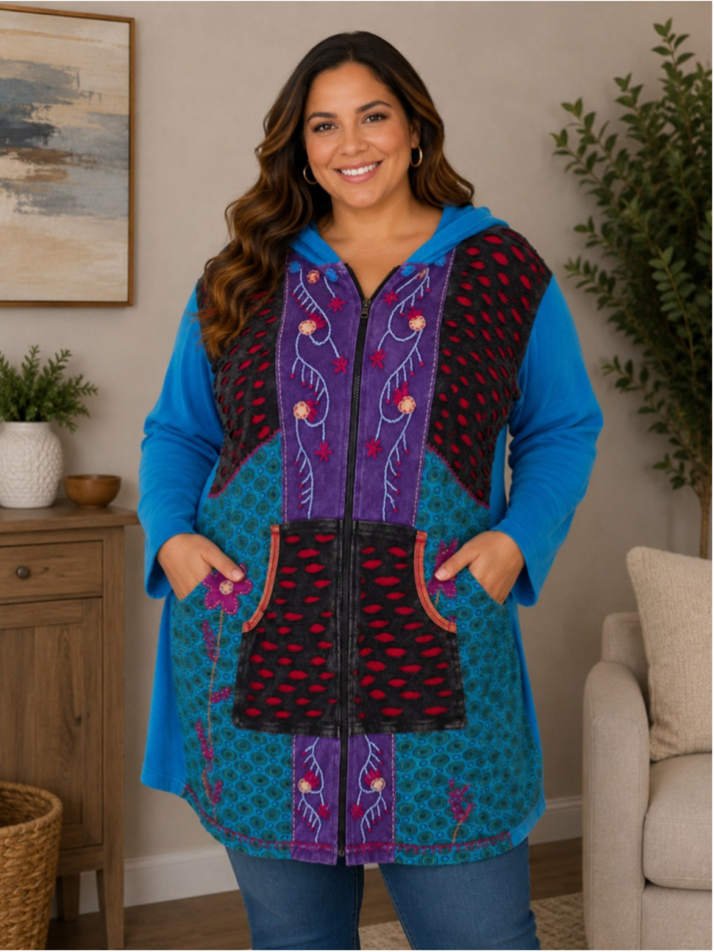 Windhorse Blue Purple Patchwork Embroidered Zip Up Sweatshirt Women’s Size XL